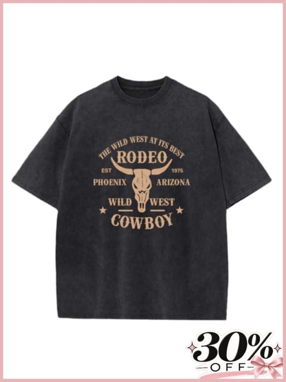 Western Cow Skull Graphic Tee Acid Wash Cotton Oversized Retro Rodeo T-Shirt